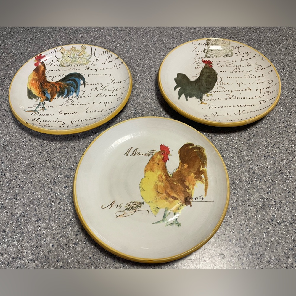 Set of 3 Williams Sonoma Rooster Script Plates